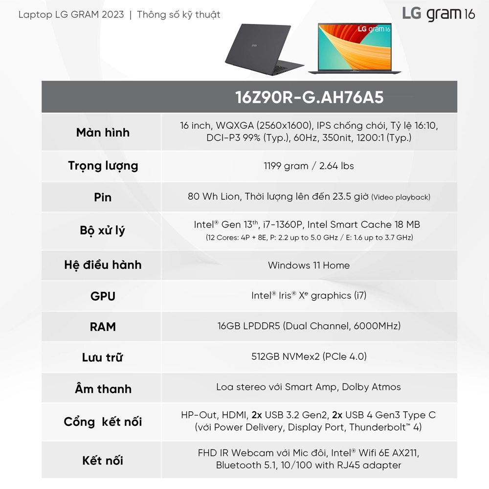 Thế Giới Số 365 | LG Gram 2023 16Z90R-G.AH76A5 (Core i7-1360P | 16GB | 512GB | Intel Iris Xe | 16-inch WQXGA | Win 11 | Xám)
