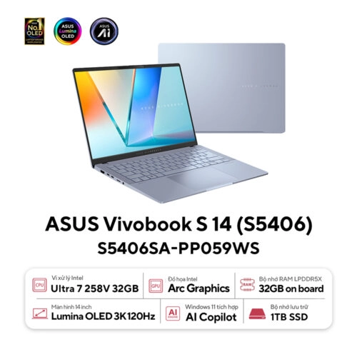 Thế Giới Số 365 | [New 100%] Vivobook S 14 OLED S5406SA-PP059WS (Core Ultra 7 258V, 32GB, 1TB, Intel Arc Graphics, 14 3K OLED)